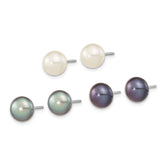 Sterling Silver Rhodium-plated 8-9mm Black, White and Grey Button Freshwater Cultured Pearl Set of 3 Post Earrings